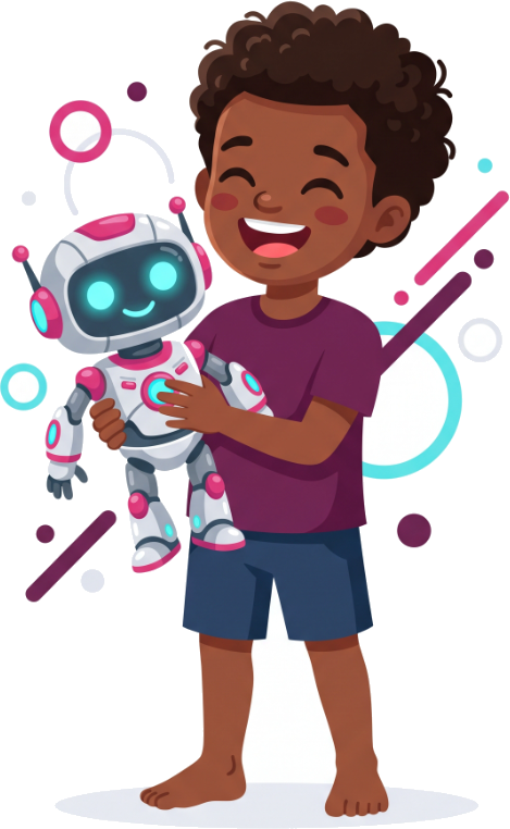 Boy holding a toy robot, looking up
