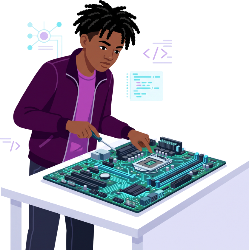 Teen student assembling a circuit board